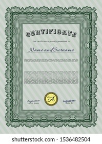 Green Certificate diploma or award template. Vector illustration. With guilloche pattern. Perfect design. 