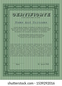 Green Certificate diploma or award template. With guilloche pattern and background. Nice design. Detailed. 