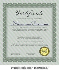 Green Certificate diploma or award template. Printer friendly. Money Pattern. Detailed. 