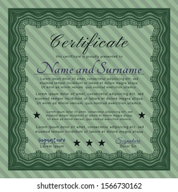 Green Certificate diploma or award template. With guilloche pattern and background. Vector illustration. Excellent design. 