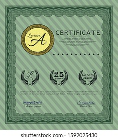 Green Certificate diploma or award template. Detailed. With background. Artistry design. 