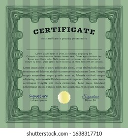 Green Certificate diploma or award template. With complex linear background. Vector illustration. Modern design. 