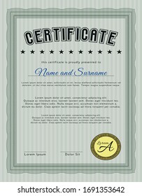 Green Certificate diploma or award template. With great quality guilloche pattern. Superior design. Detailed. 
