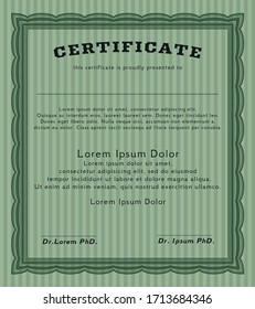 Green Certificate diploma or award template.  Money Pattern design.  With complex background.  Vector illustration. 