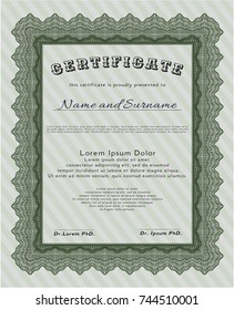 Green Certificate diploma or award template. With complex linear background. Detailed. Money Pattern design. 