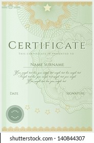 Green Certificate / Diploma of completion (design template / sample background) with guilloche pattern (watermarks), border. Useful for: Certificate of Achievement, Certificate of education, awards