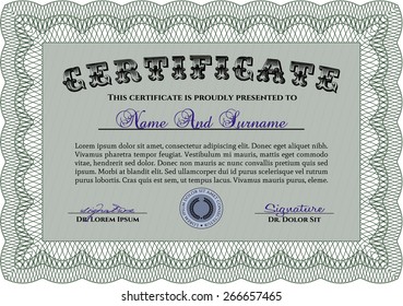 Green Certificate, Diploma of completion with guilloche pattern and background, border, frame. Certificate of Achievement, Certificate of education, awards, winner.
