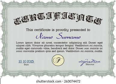 Green certificate or diploma templata with sample text.