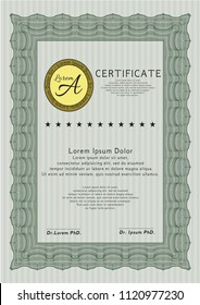 Green Certificate or diploma template. With background. Good design. Detailed. 