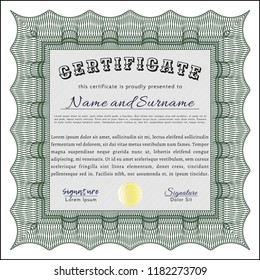 Green Certificate or diploma template. With background. Vector illustration. Superior design. 