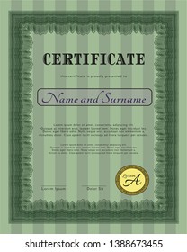 Green Certificate or diploma template. With background. Elegant design. Vector illustration. 