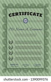 Green Certificate or diploma template. With background. Detailed. Artistry design. 