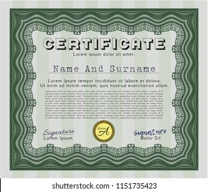 Green Certificate or diploma template. Beauty design. With guilloche pattern and background. Detailed. 