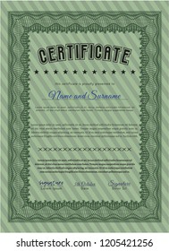 Green Certificate or diploma template. With complex linear background. Vector illustration. Superior design. 