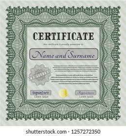 Green Certificate or diploma template. Complex background. Cordial design. Vector illustration. 