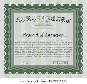 Green Certificate or diploma template. With complex linear background. Vector illustration. Retro design. 