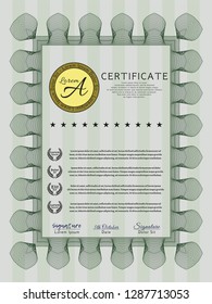Green Certificate or diploma template. With complex linear background. Excellent design. Detailed. 