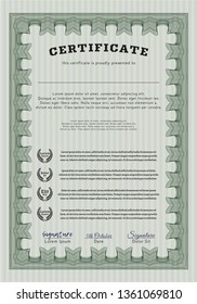 Green Certificate or diploma template. Complex background. Artistry design. Detailed. 