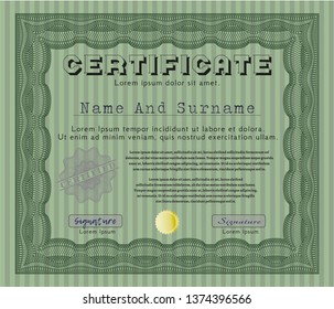 Green Certificate or diploma template. With complex background. Modern design. Detailed. 