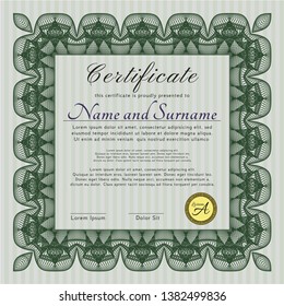 Green Certificate or diploma template. Complex background. Cordial design. Detailed. 