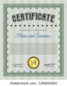 Green Certificate or diploma template. With complex linear background. Vector illustration. Money Pattern design. 