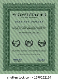 Green Certificate or diploma template. With complex background. Detailed. Money Pattern. 