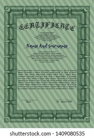 Green Certificate or diploma template. Complex background. Lovely design. Vector illustration. 