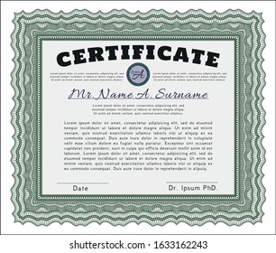 Green Certificate or diploma template. With complex background. Excellent design. Detailed. 