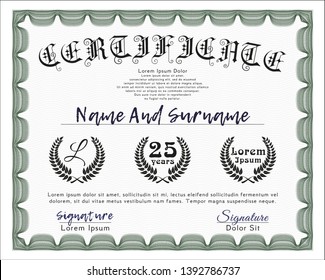 Green Certificate or diploma template. Cordial design. With great quality guilloche pattern. Detailed. 