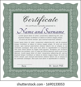Green Certificate or diploma template. Cordial design. Detailed. With complex background. 