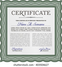Modelo de certificado o diploma verde. Personalizable, fácil de editar y cambiar los colores. Diseño cordial. Fácil de imprimir. 