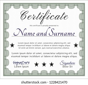 Green Certificate or diploma template. Detailed. With complex linear background. Cordial design. 
