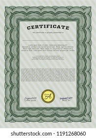 Green Certificate or diploma template. Easy to print. Vector illustration. Money Pattern. 