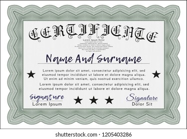Green Certificate or diploma template. Easy to print. Vector illustration. Cordial design. 