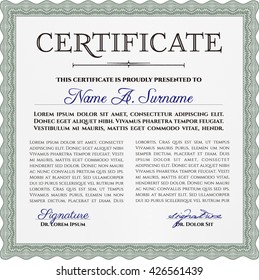 Green Certificate or diploma template. Easy to print. Customizable, Easy to edit and change colors. Cordial design. 
