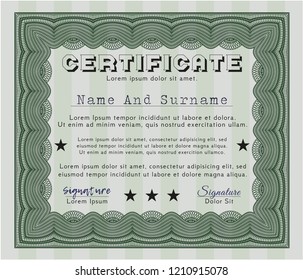 Green Certificate or diploma template. Elegant design. With guilloche pattern. Vector illustration. 