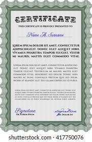 Green Certificate or diploma template. Good design. Border, frame. With background. 