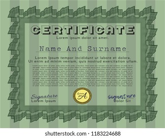 Green Certificate or diploma template. With great quality guilloche pattern. Detailed. Perfect design. 