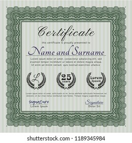 Green Certificate or diploma template. With great quality guilloche pattern. Vector illustration. Good design. 