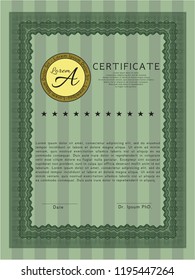 Green Certificate or diploma template. With guilloche pattern. Vector illustration. Money style design. 