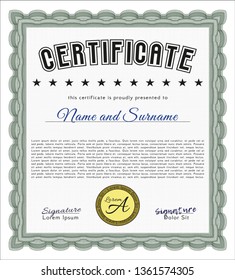 Green Certificate or diploma template. With guilloche pattern. Retro design. Detailed. 