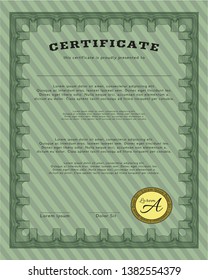 Green Certificate or diploma template. With guilloche pattern. Money style design. Customizable, Easy to edit and change colors. 