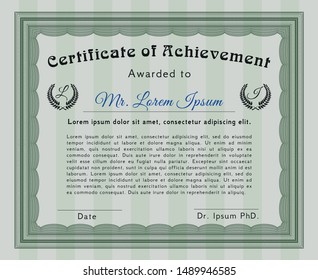 Green Certificate or diploma template. With guilloche pattern and background. Detailed. Cordial design. 