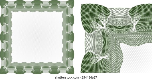 Green certificate or diploma template. Isolated with background. Complex design.
