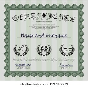 Green Certificate or diploma template. With linear background. Detailed. Good design. 