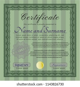 Green Certificate or diploma template. With linear background. Vector illustration. Cordial design. 