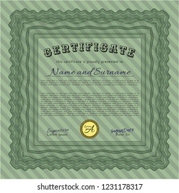 Green Certificate or diploma template. With linear background. Excellent design. Vector illustration. 