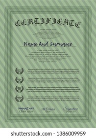Green Certificate or diploma template. With linear background. Sophisticated design. Vector illustration. 
