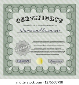 Green Certificate or diploma template. Lovely design. Vector illustration. With complex linear background. 
