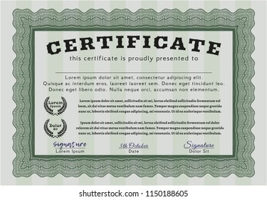 Green Certificate or diploma template. Modern design. Detailed. With complex background. 